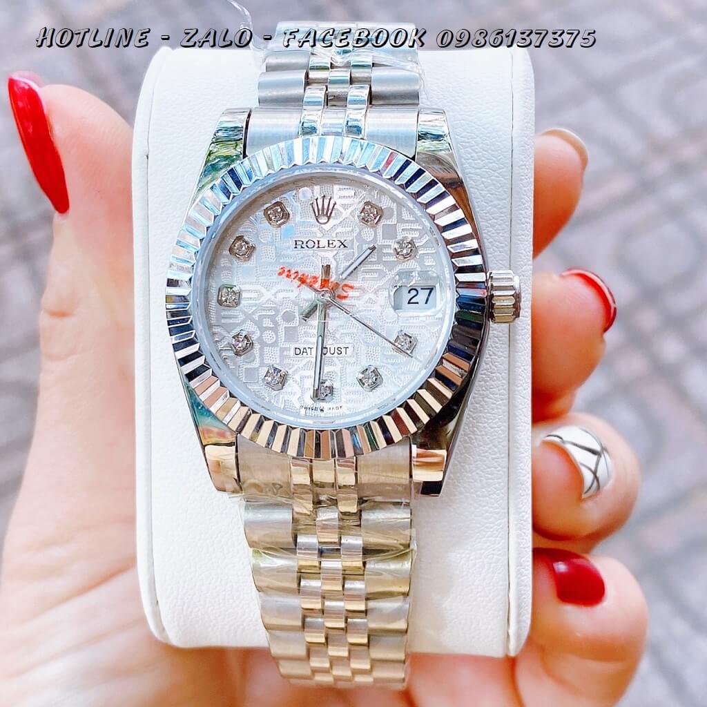 Đồng Hồ Nữ Rolex Quartz Bạc Mặt Vân 32mm