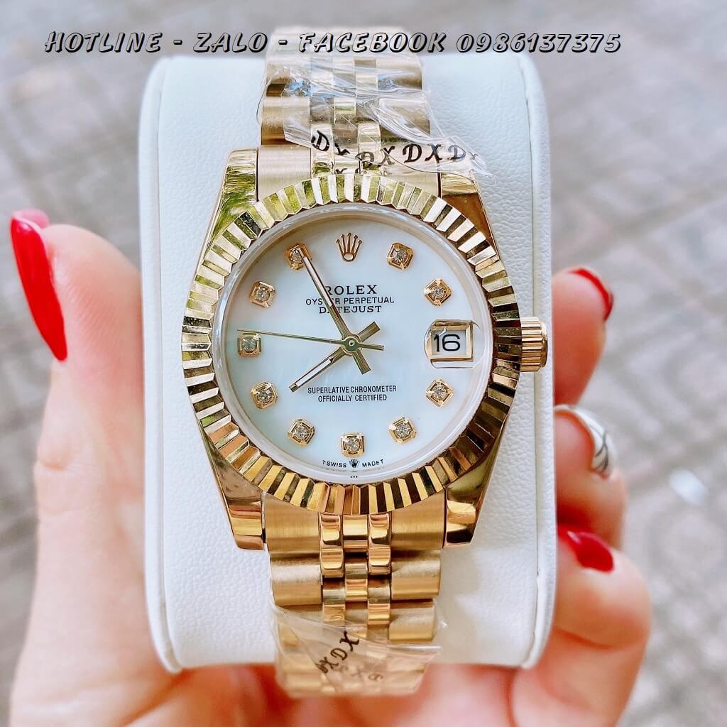 Đồng Hồ Nữ Rolex Quartz Vàng Mặt Trắng Trơn 32mm