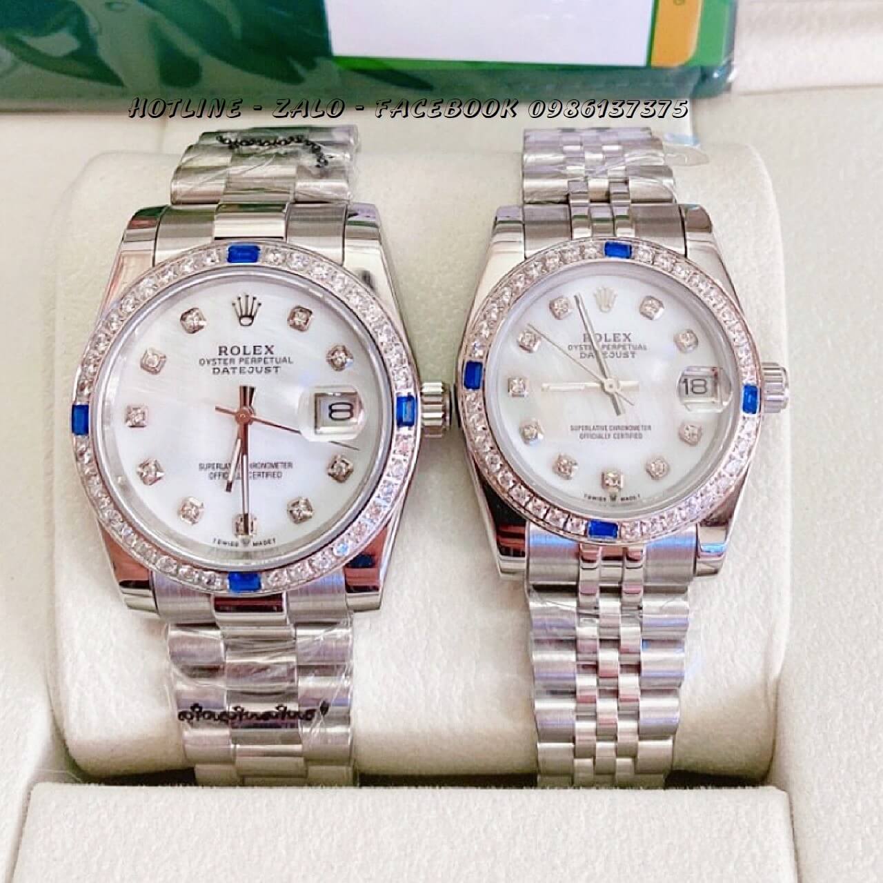 Đồng Hồ Cặp Rolex Quartz Đính Đá Bạc 36mm - 32mm