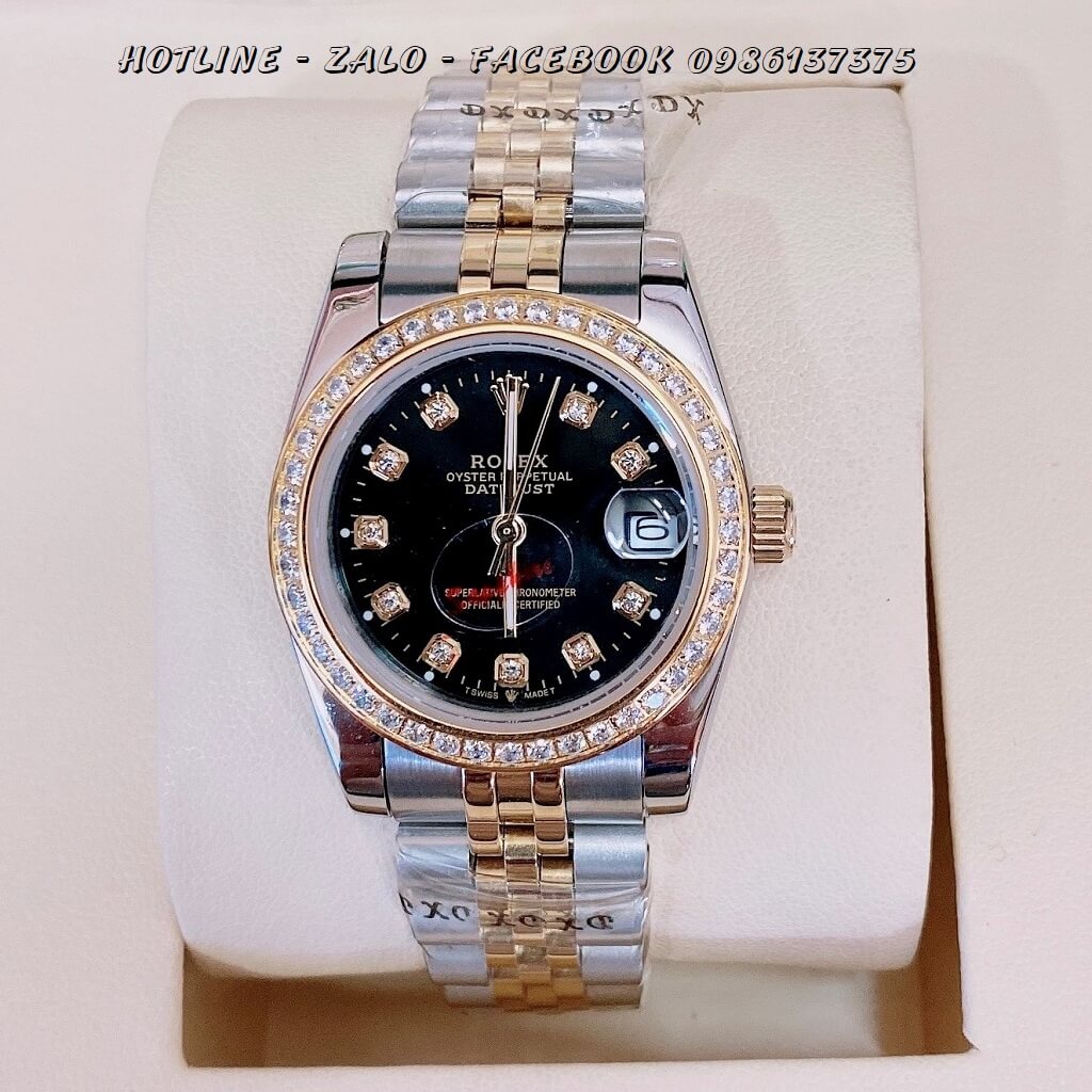 Đồng Hồ Rolex Quartz Nữ Đính Đá Demi Vàng Mặt Đen 32mm