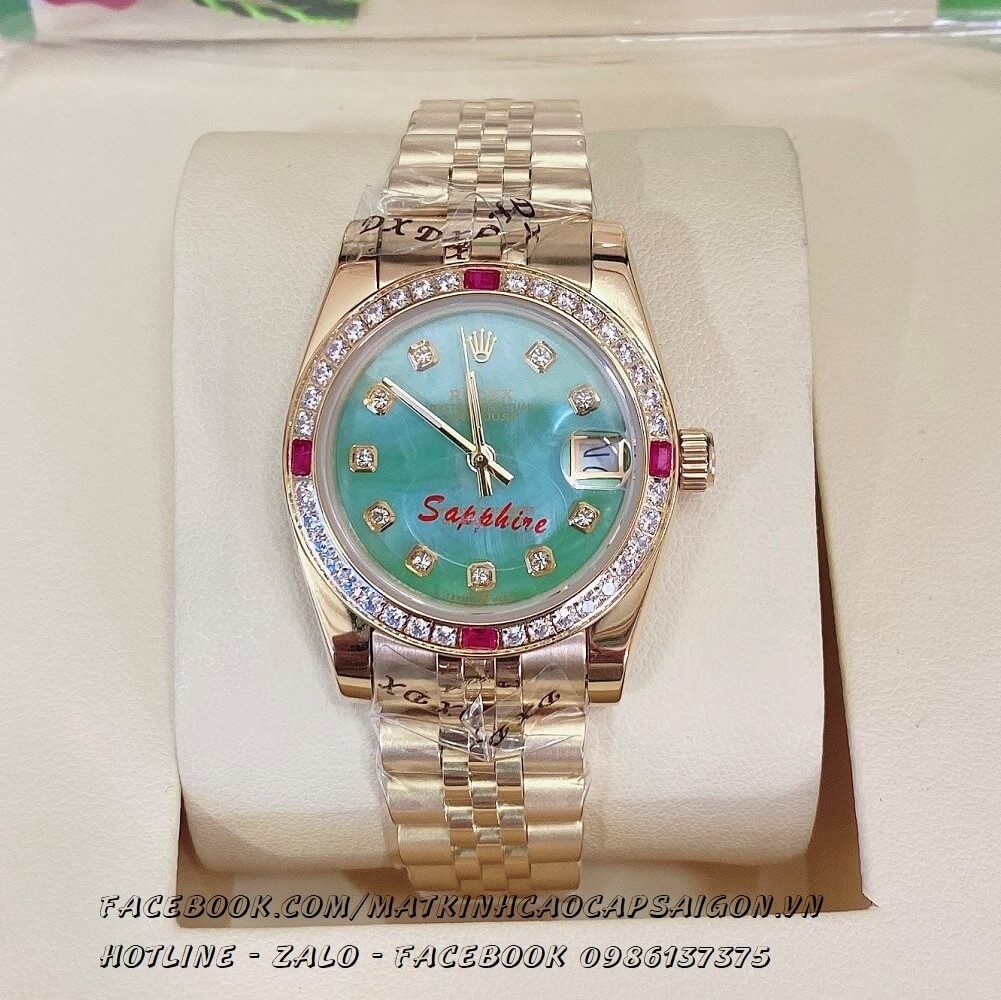 Đồng Hồ Rolex Quartz Nữ Đính Đá Vàng Mặt Xanh Ngọc 32mm