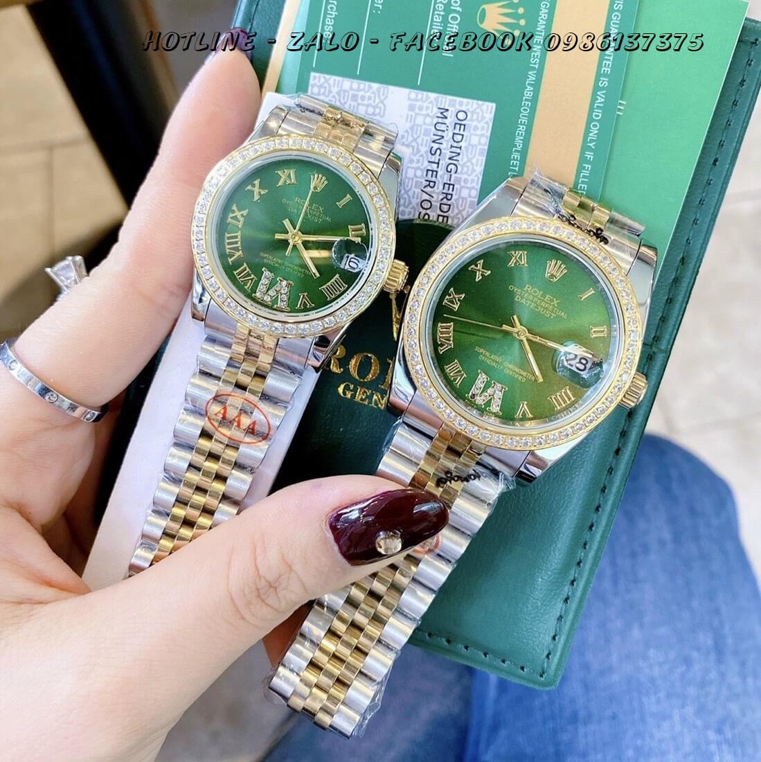 Đồng Hồ Cặp Rolex Oyster Datejust Quartz Đính Đá Vàng Mặt Xanh