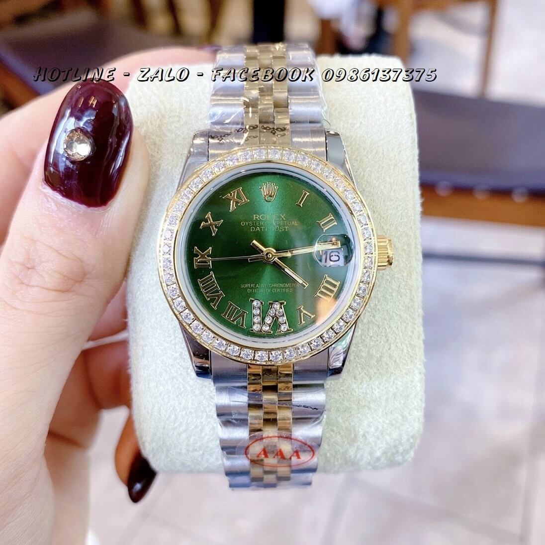 Đồng Hồ Cặp Rolex Oyster Datejust Quartz Đính Đá Vàng Mặt Xanh