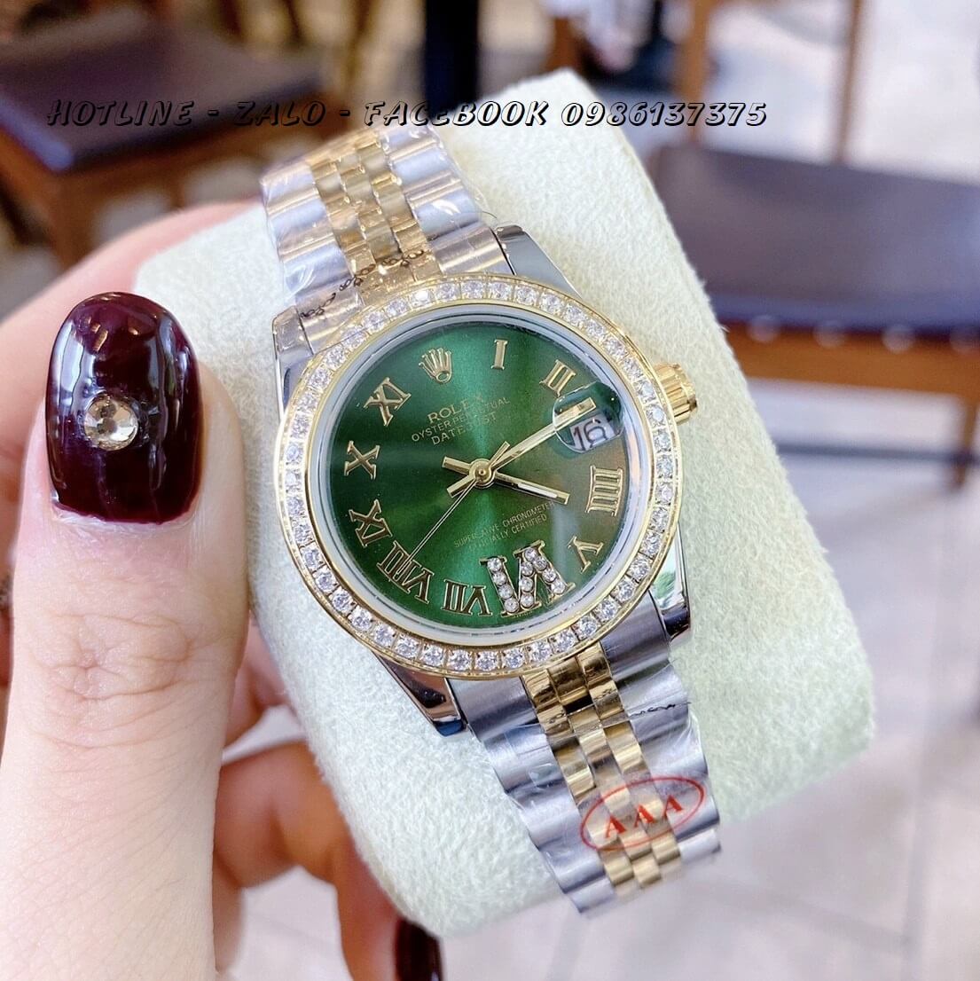 Đồng Hồ Cặp Rolex Oyster Datejust Quartz Đính Đá Vàng Mặt Xanh