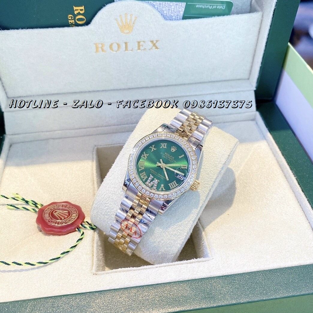Đồng Hồ Cặp Rolex Oyster Datejust Quartz Đính Đá Vàng Mặt Xanh