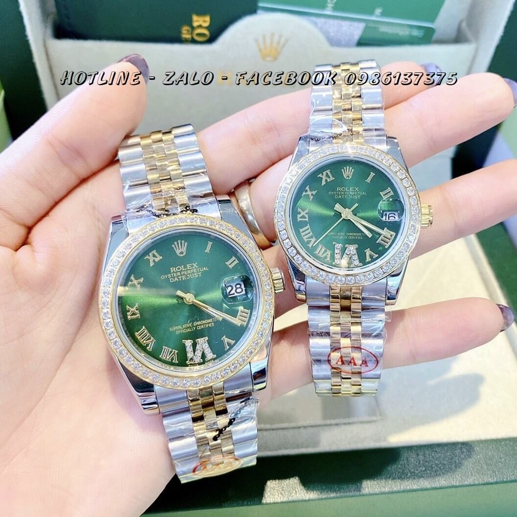 Đồng Hồ Cặp Rolex Oyster Datejust Quartz Đính Đá Vàng Mặt Xanh