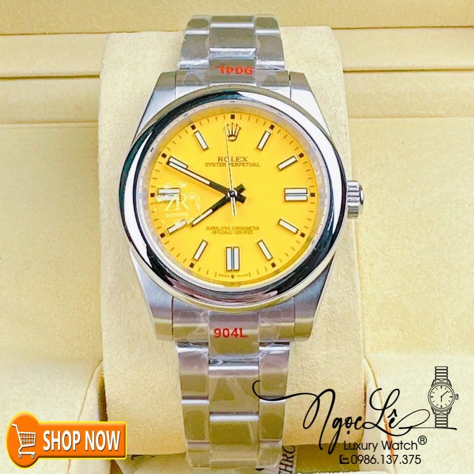 Đồng Hồ Rolex Oyster Perpetual Automatic Nam Dây Kim Loại Bạc Mặt Vàng 41mm