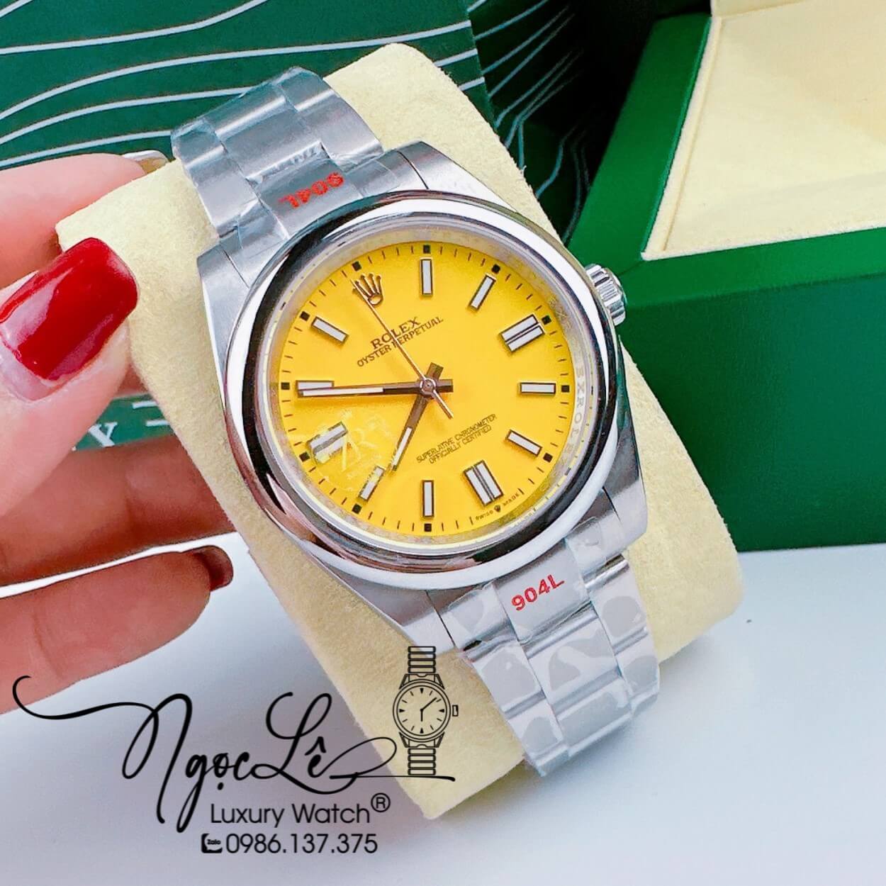 Đồng Hồ Rolex Oyster Perpetual Automatic Nam Dây Kim Loại Bạc Mặt Vàng 41mm