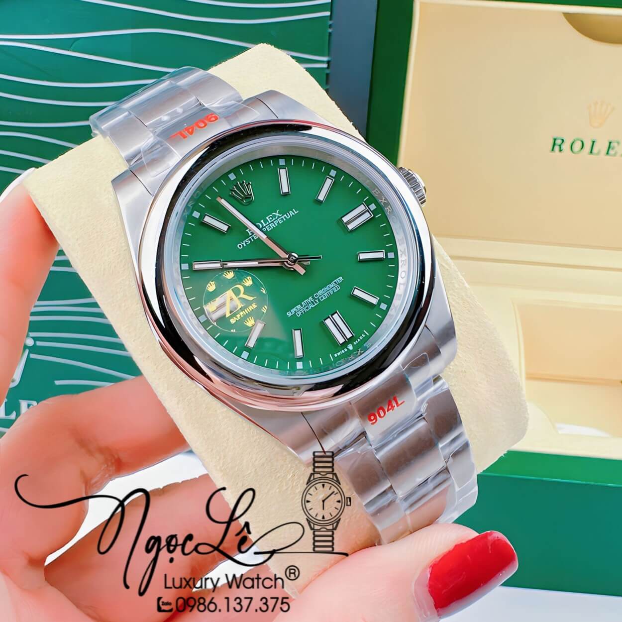 Đồng Hồ Rolex Oyster Perpetual Automatic Nam Dây Kim Loại Bạc Mặt Xanh Lá 41mm