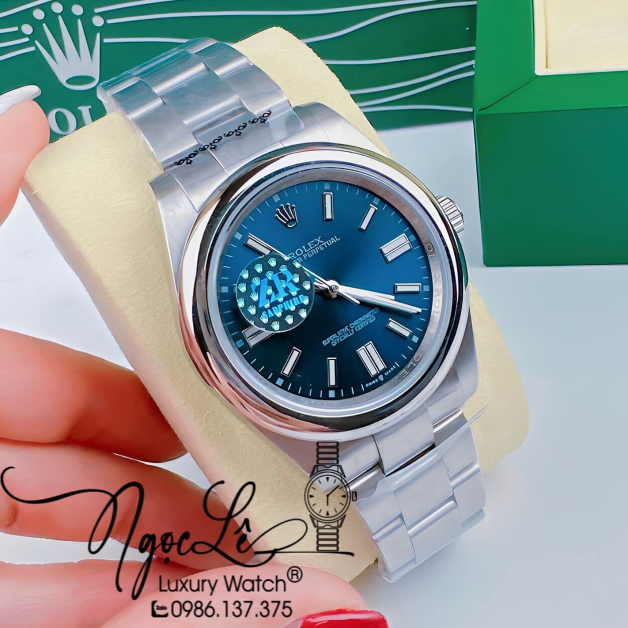 Đồng Hồ Rolex Oyster Perpetual Automatic Nam Dây Kim Loại Bạc Mặt Xanh Đậm 41mm