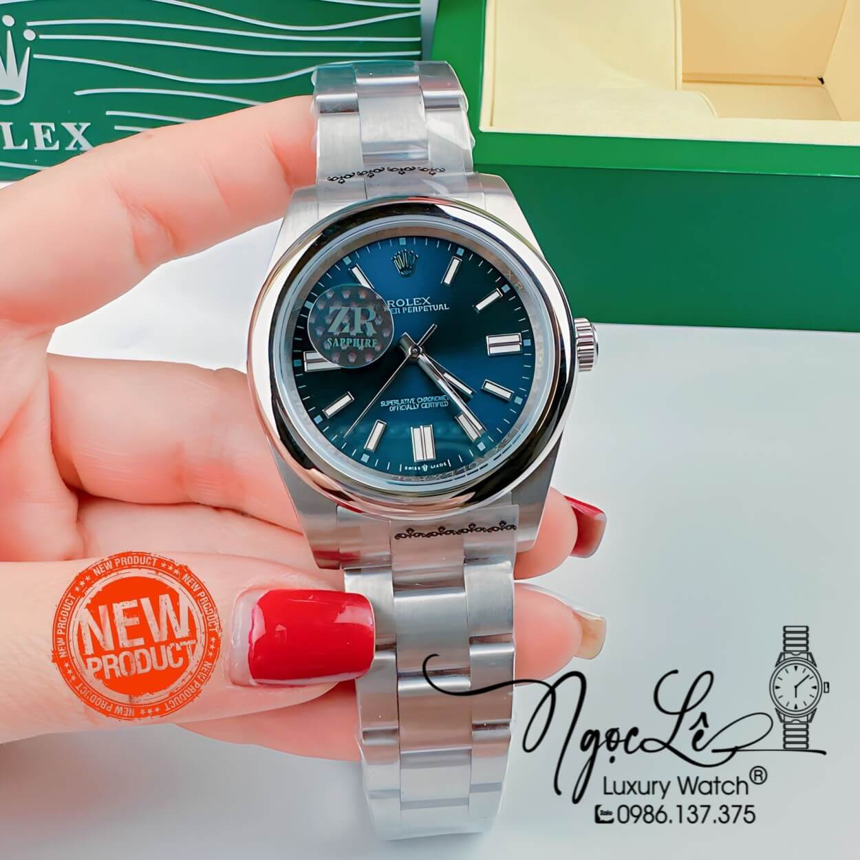 Đồng Hồ Rolex Oyster Perpetual Automatic Nam Dây Kim Loại Bạc Mặt Xanh Đậm 41mm