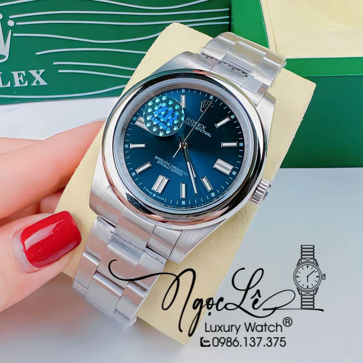 Đồng Hồ Rolex Oyster Perpetual Automatic Nam Dây Kim Loại Bạc Mặt Xanh Đậm 41mm