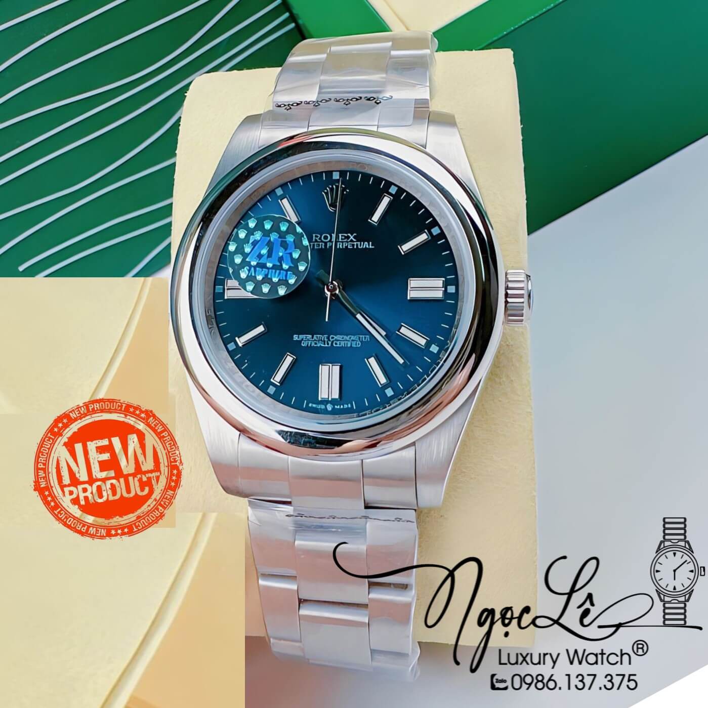 Đồng Hồ Rolex Oyster Perpetual Automatic Nam Dây Kim Loại Bạc Mặt Xanh Đậm 41mm