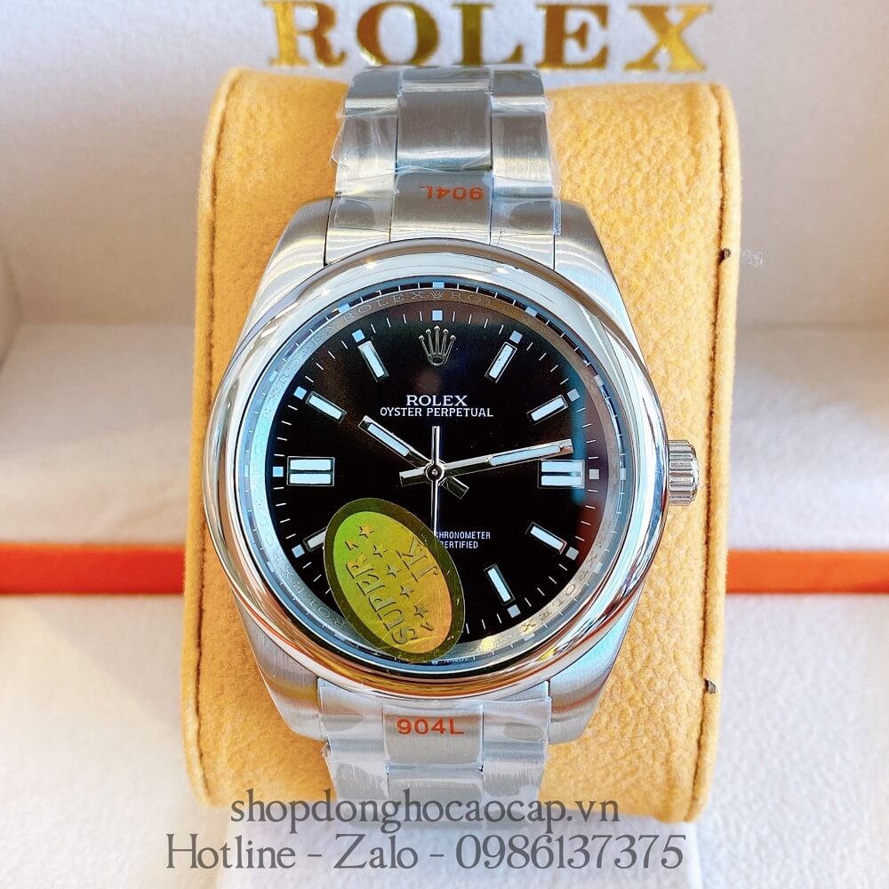 Đồng Hồ Rolex Oyster Perpetual Tự Động Nam Mặt Đen Silver 41mm