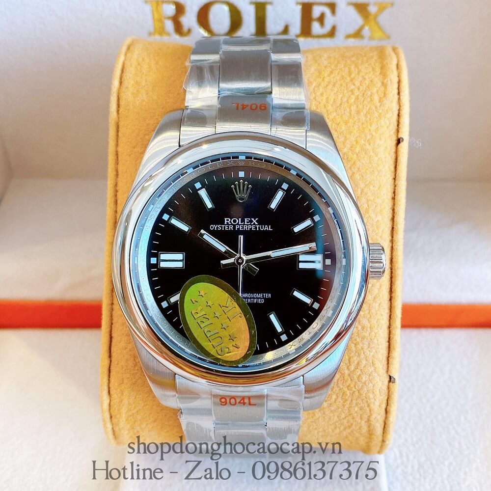 Đồng Hồ Rolex Oyster Perpetual Tự Động Nam Mặt Đen Silver 41mm