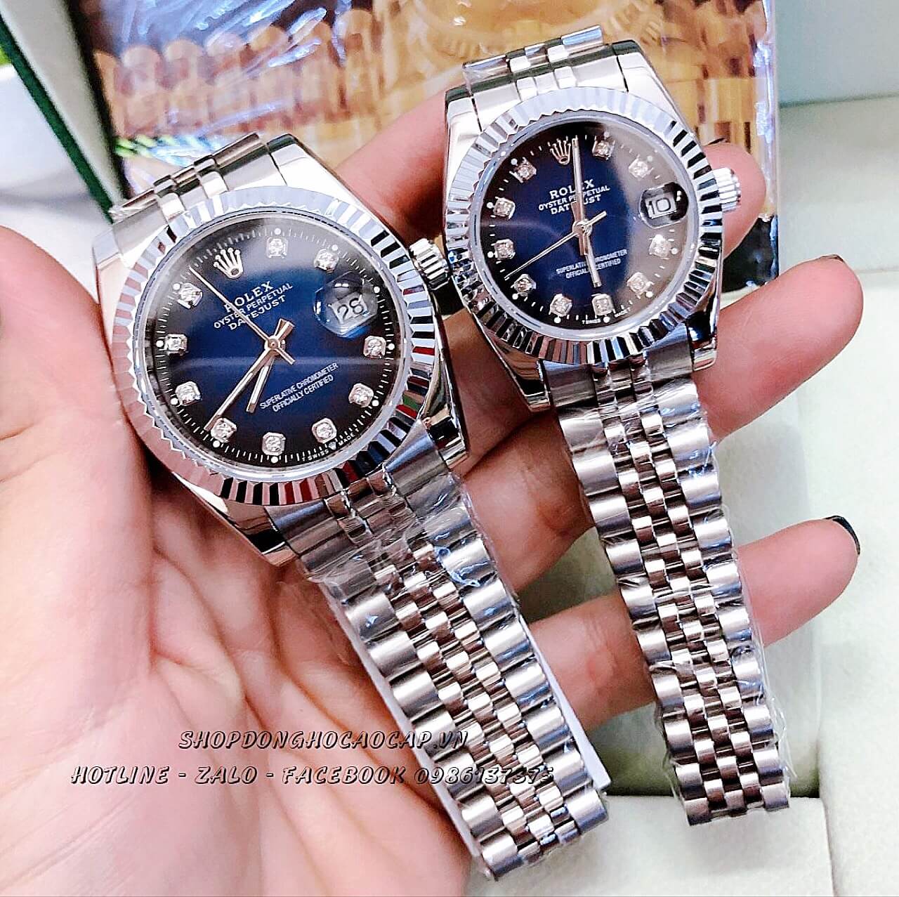 Đồng Hồ Rolex Quartz Cặp Silver Mặt Xanh Máy Nhật 36mm - 32mm