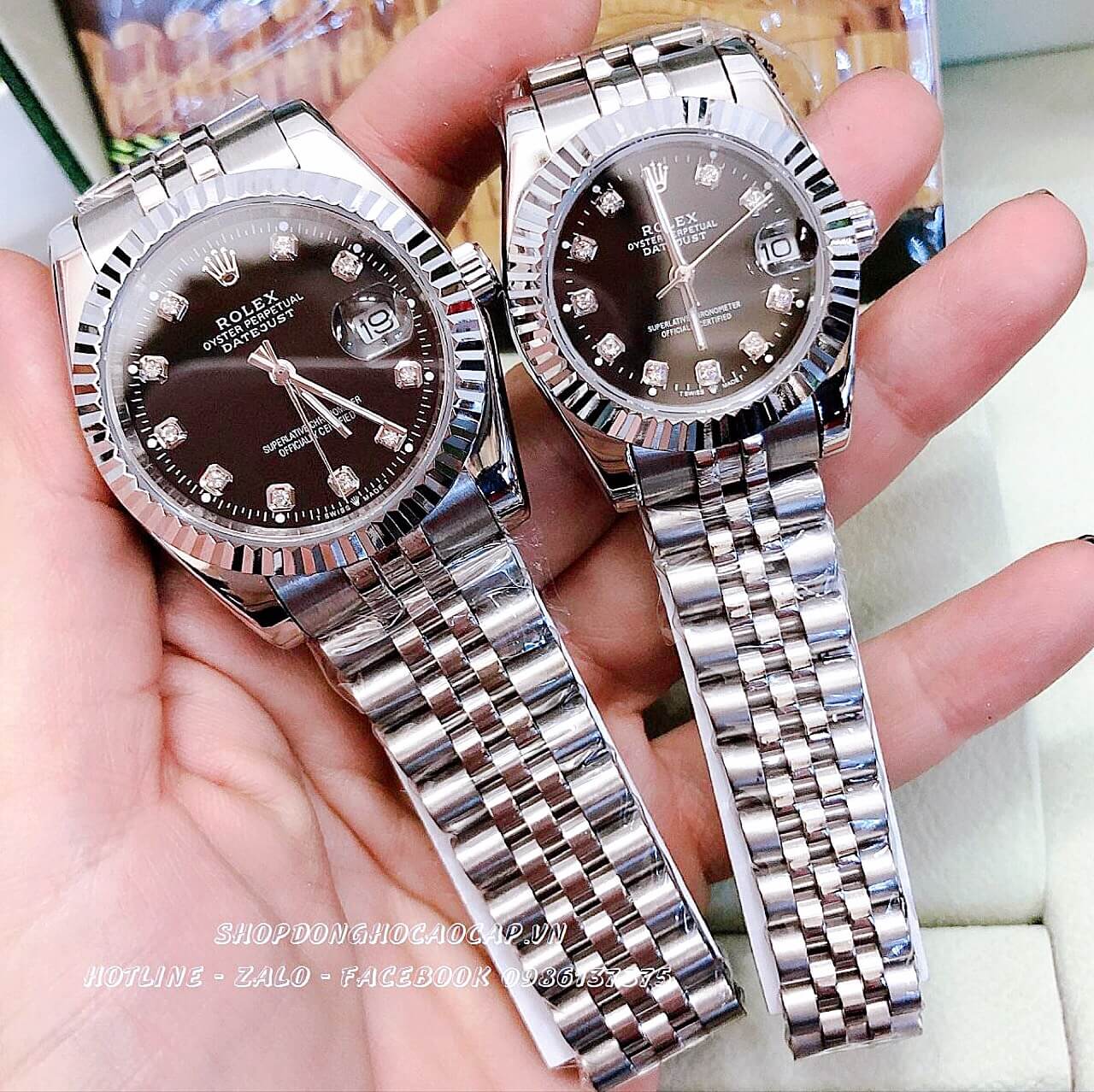 Đồng Hồ Rolex Quartz Cặp Silver Mặt Đen Máy Nhật 36mm - 32mm