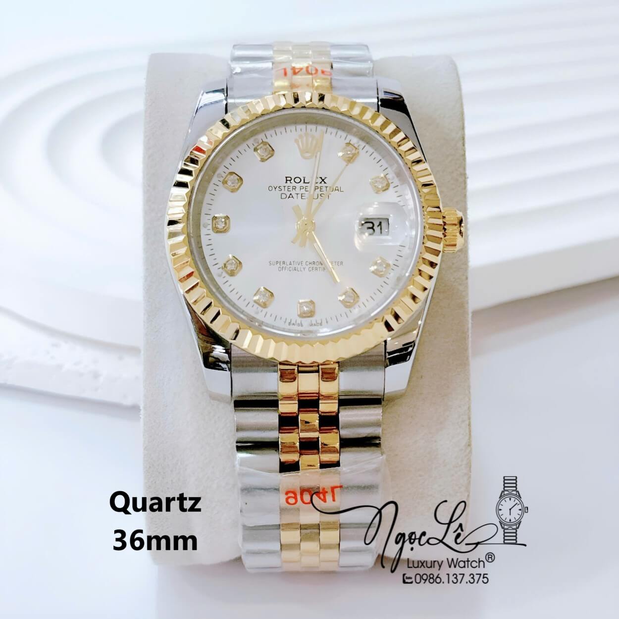 Đồng Hồ Nam Rolex Datejust Pin Dây Kim Loại Demi Vàng Mặt Trắng Size 36mm Unisex