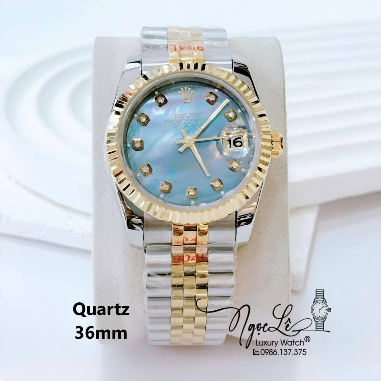 Đồng Hồ Nam Rolex Datejust Pin Dây Kim Loại Demi Vàng Mặt Xanh Xà Cừ Size 36mm Unisex
