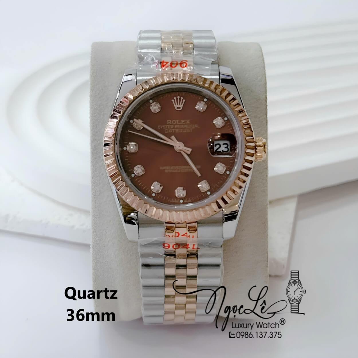 Đồng Hồ Nam Rolex Datejust Pin Dây Kim Loại Demi Rose Mặt Nâu Size 36mm Unisex