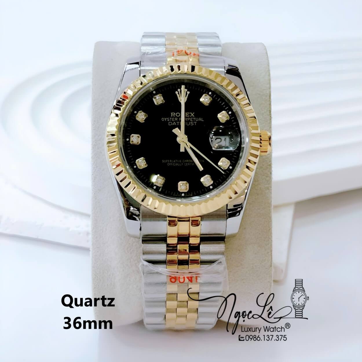 Đồng Hồ Nam Rolex Datejust Pin Dây Kim Loại Demi Vàng Mặt Đen Size 36mm Unisex