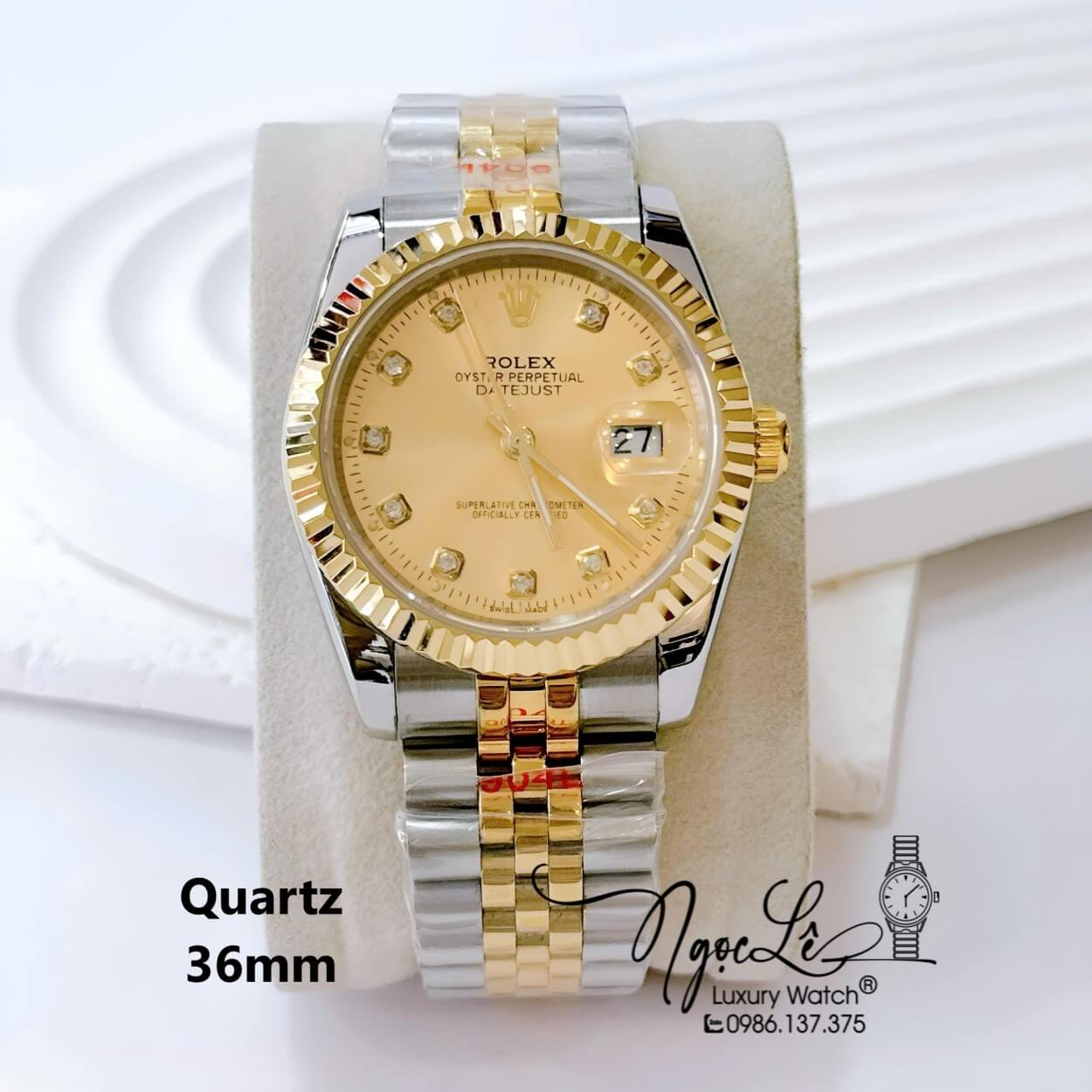 Đồng Hồ Nam Rolex Datejust Pin Dây Kim Loại Demi Vàng Mặt Vàng Size 36mm Unisex
