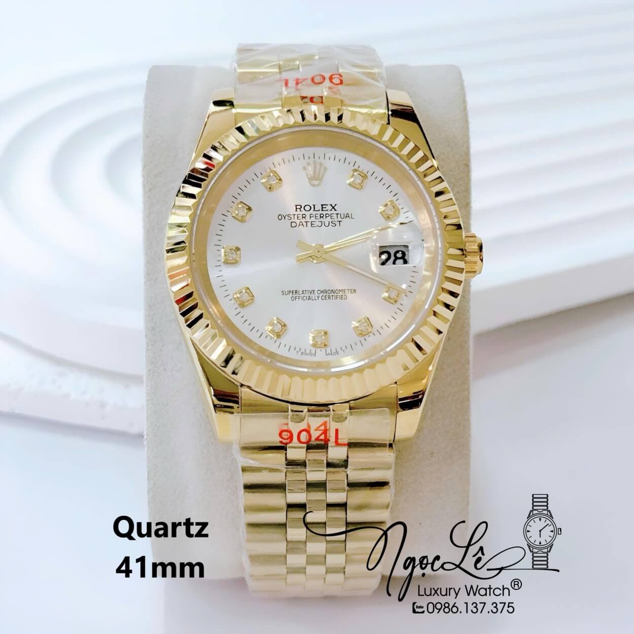 Đồng Hồ Nam Rolex Datejust Pin Dây Kim Loại Vàng Mặt Trắng Size 41mm