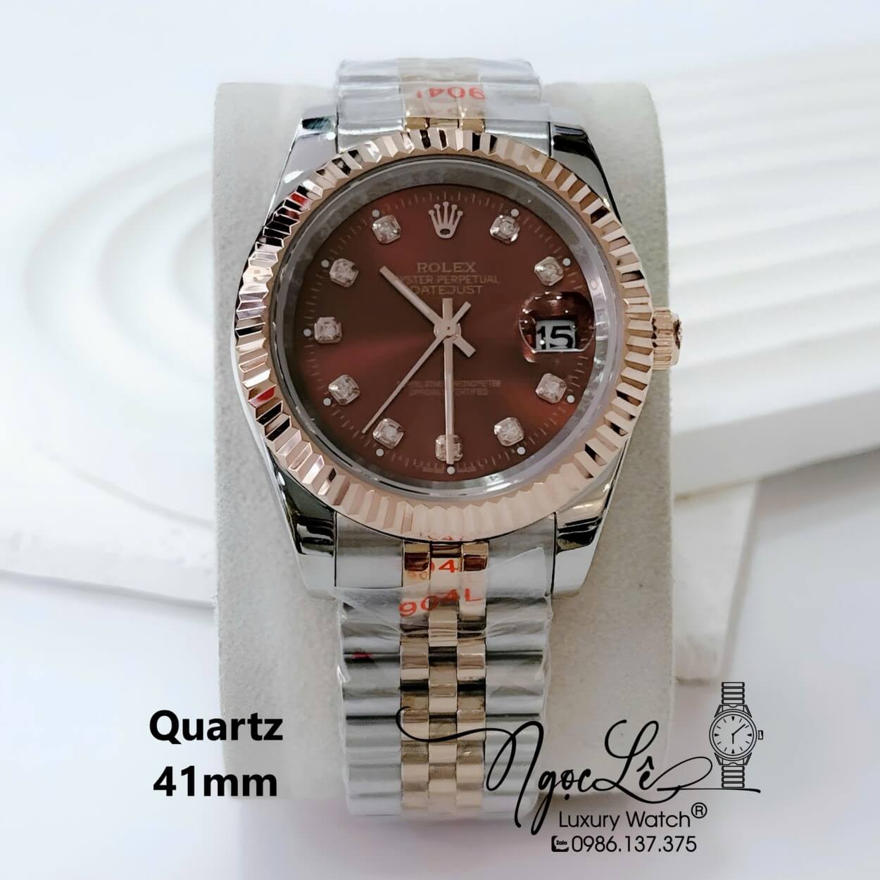 Đồng Hồ Nam Rolex Datejust Pin Dây Kim Loại Demi Rose Mặt Nâu Size 41mm