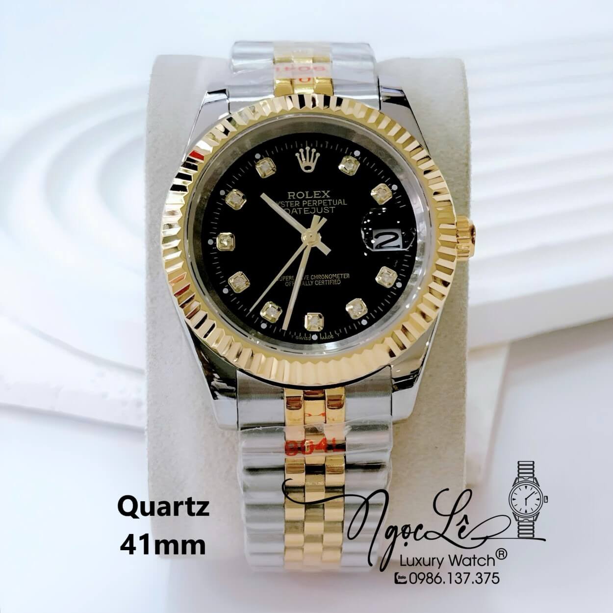 Đồng Hồ Nam Rolex Datejust Pin Dây Kim Loại Demi Vàng Mặt Đen Size 41mm
