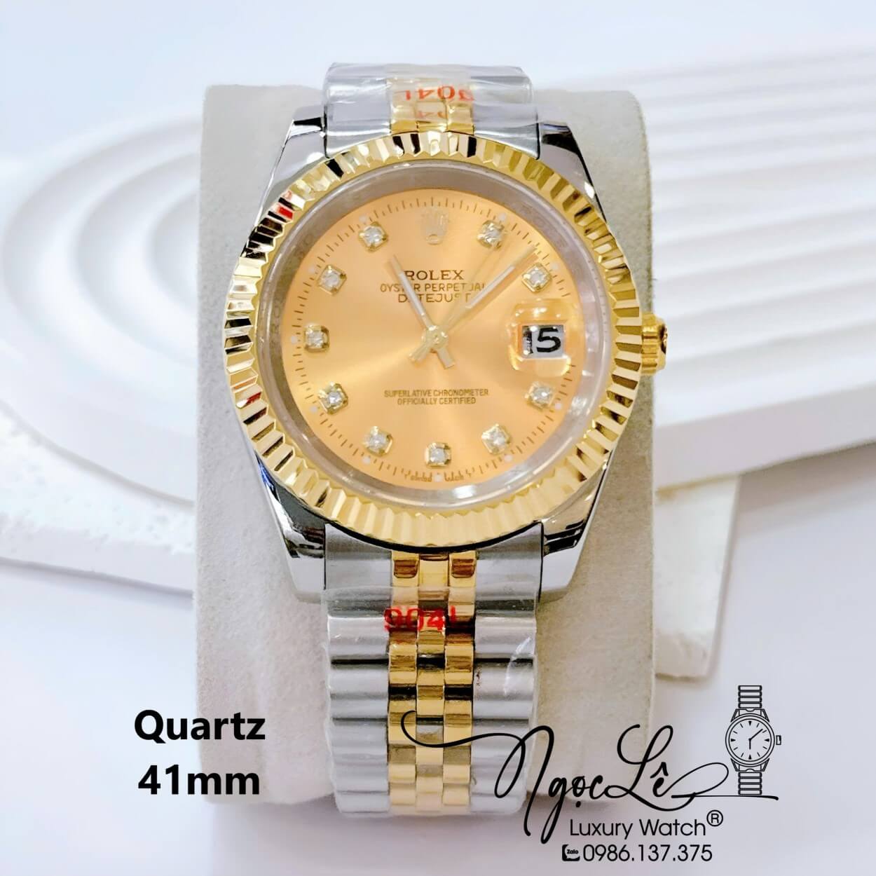 Đồng Hồ Nam Rolex Datejust Pin Dây Kim Loại Demi Vàng Mặt Vàng Size 41mm