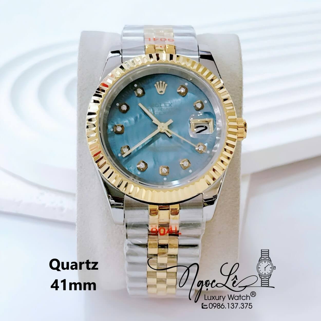 Đồng Hồ Nam Rolex Datejust Pin Dây Kim Loại Demi Vàng Mặt Xanh Xà Cừ Size 41mm