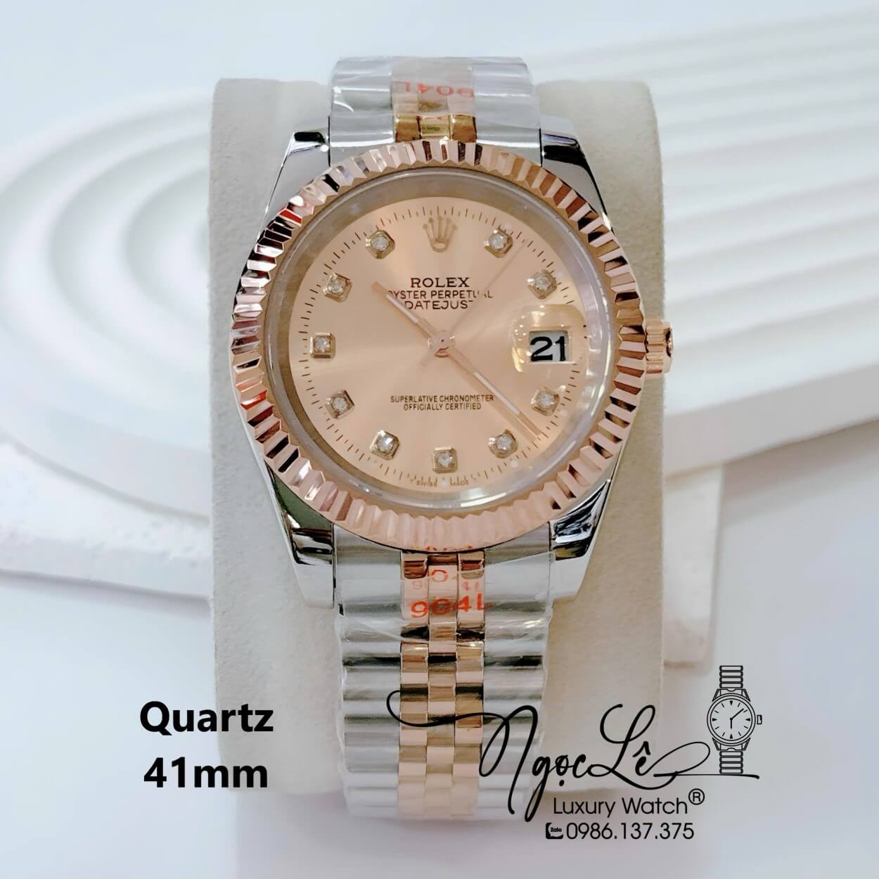 Đồng Hồ Nam Rolex Datejust Pin Dây Kim Loại Demi Rose Mặt Rose Size 41mm