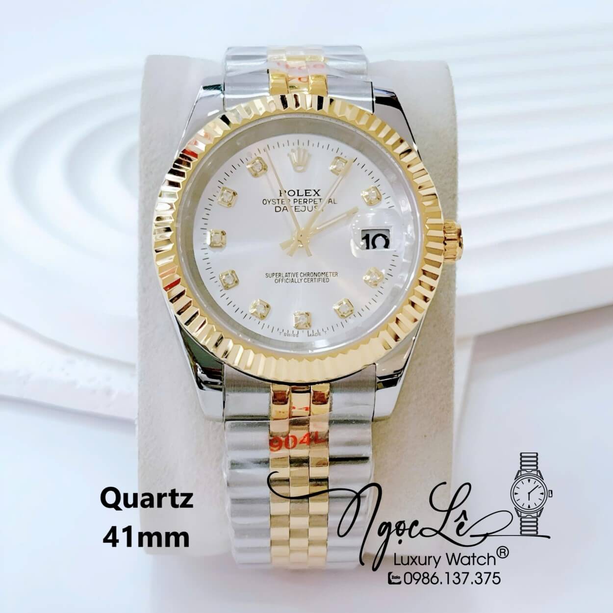 Đồng Hồ Nam Rolex Datejust Pin Dây Kim Loại Demi Vàng Mặt Trắng Size 41mm