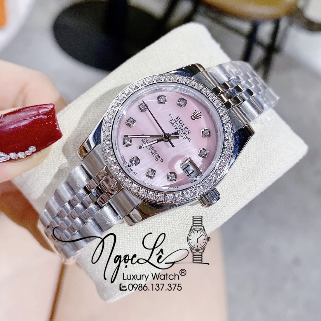 Đồng Hồ Nữ Rolex Datejust Dây Kim Loại Bạc Mặt Hồng Xà Cừ Đính Đá 32mm