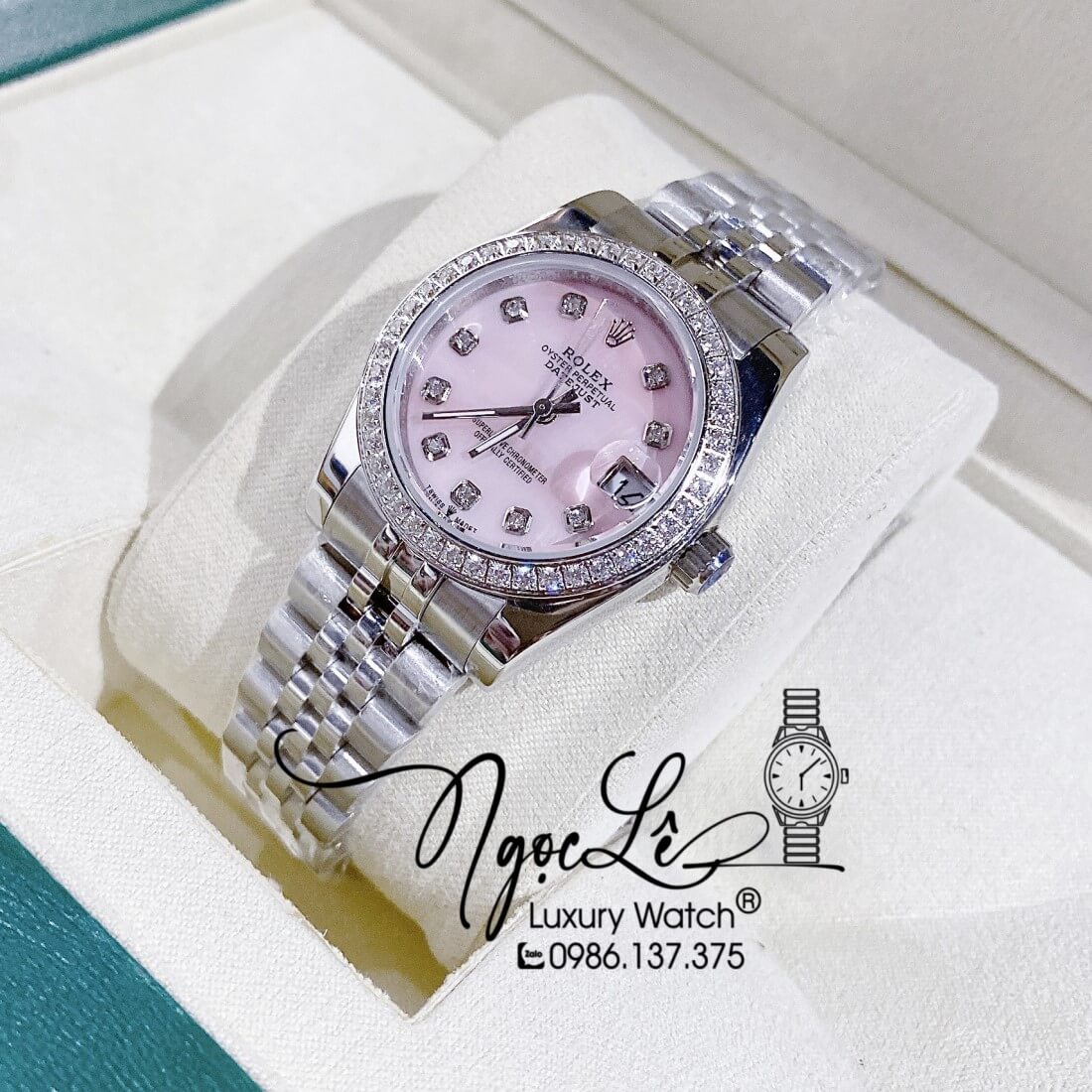 Đồng Hồ Nữ Rolex Datejust Dây Kim Loại Bạc Mặt Hồng Xà Cừ Đính Đá 32mm