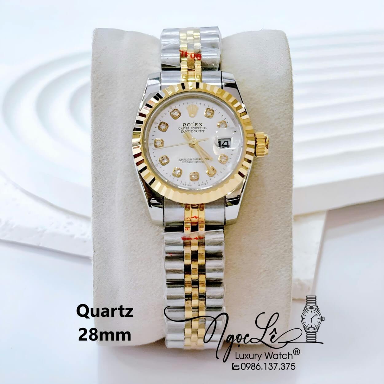 Đồng Hồ Nữ Rolex Datejust Pin Dây Kim Loại Demi Vàng Mặt Trắng Size 28mm