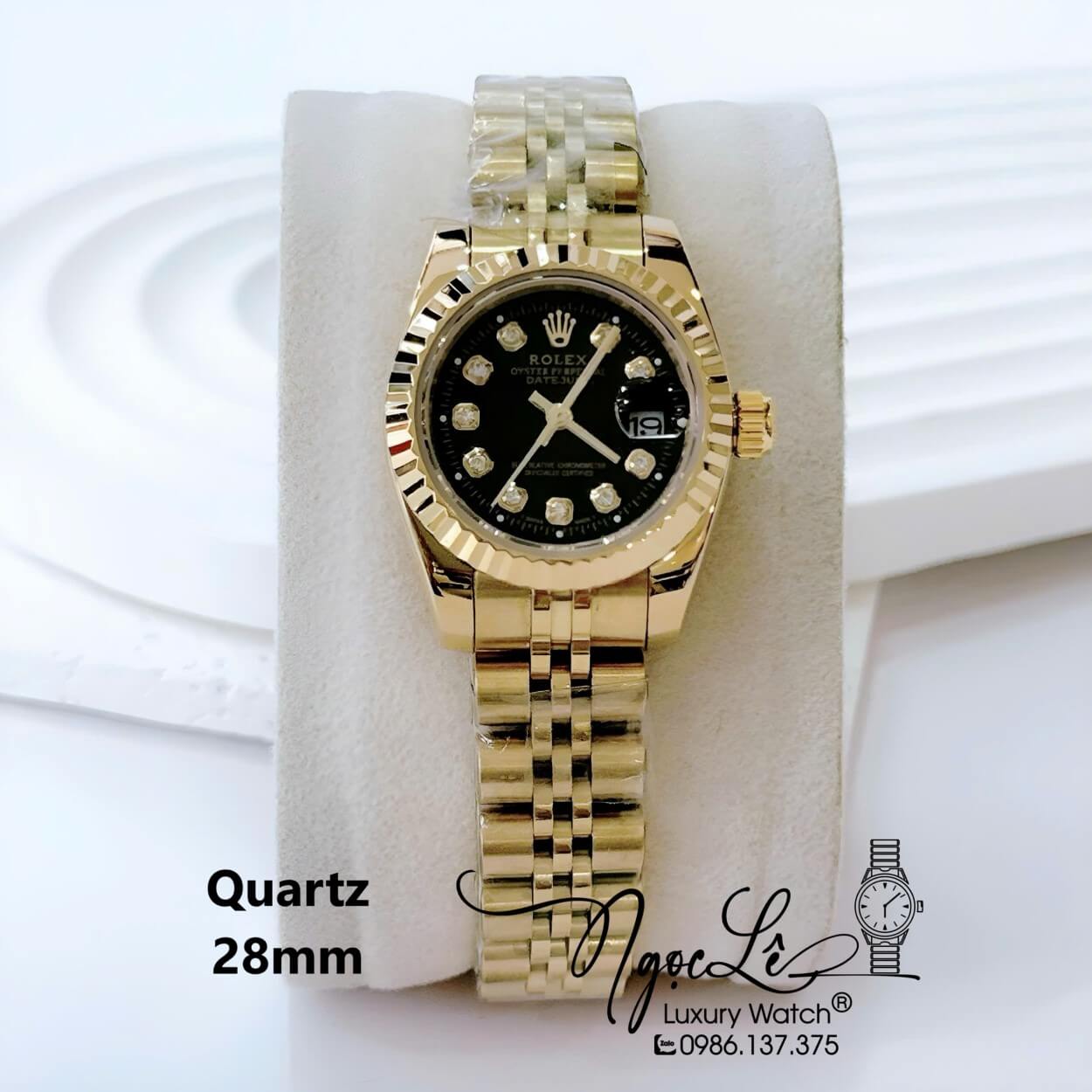 Đồng Hồ Nữ Rolex Datejust Pin Dây Kim Loại Vàng Mặt Đen Size 28mm