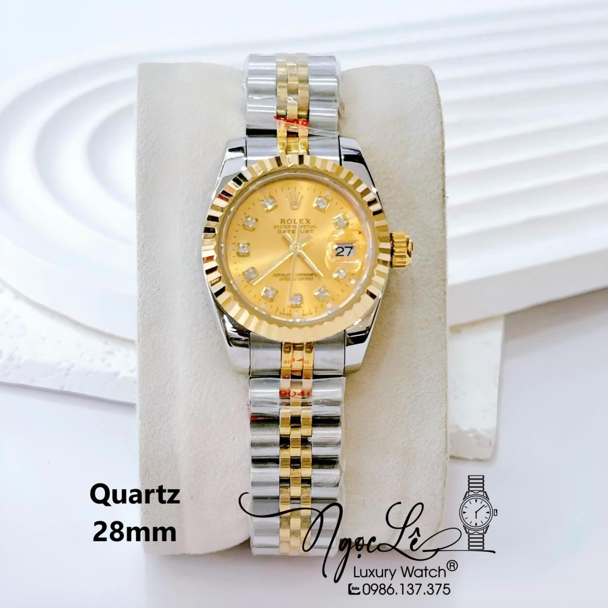 Đồng Hồ Nữ Rolex Datejust Pin Dây Kim Loại Demi Vàng Mặt Vàng Size 28mm