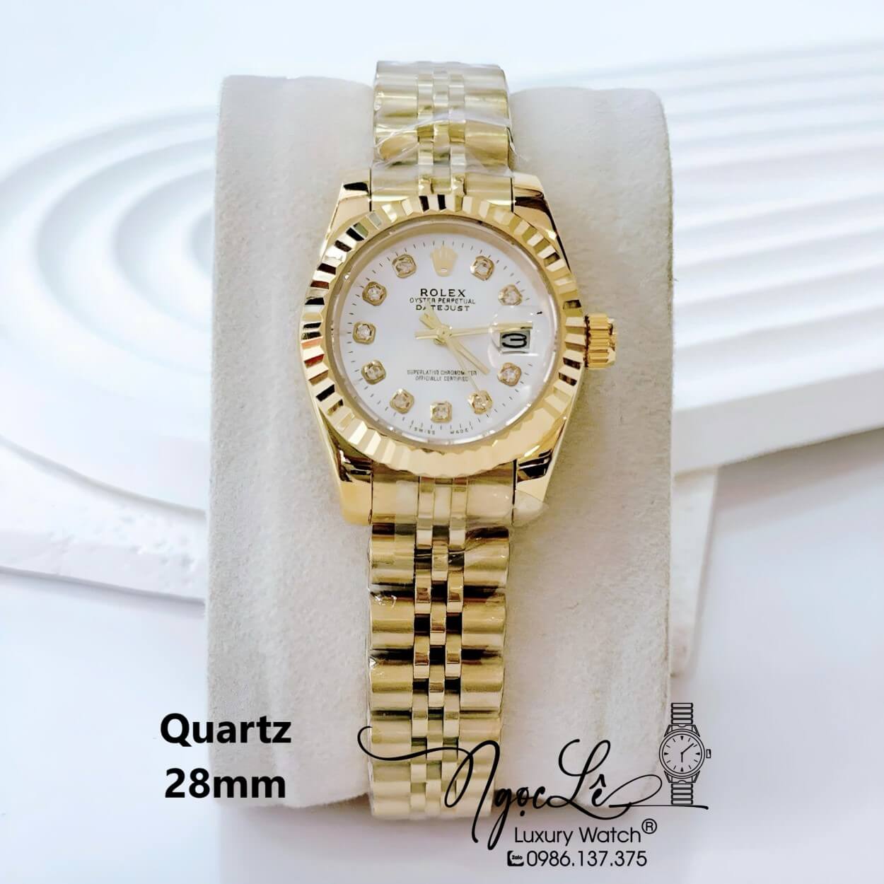 Đồng Hồ Nữ Rolex Datejust Pin Dây Kim Loại Vàng Mặt Trắng Size 28mm