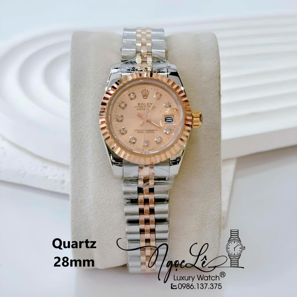Đồng Hồ Nữ Rolex Datejust Pin Dây Kim Loại Demi Rose Mặt Rose Size 28mm