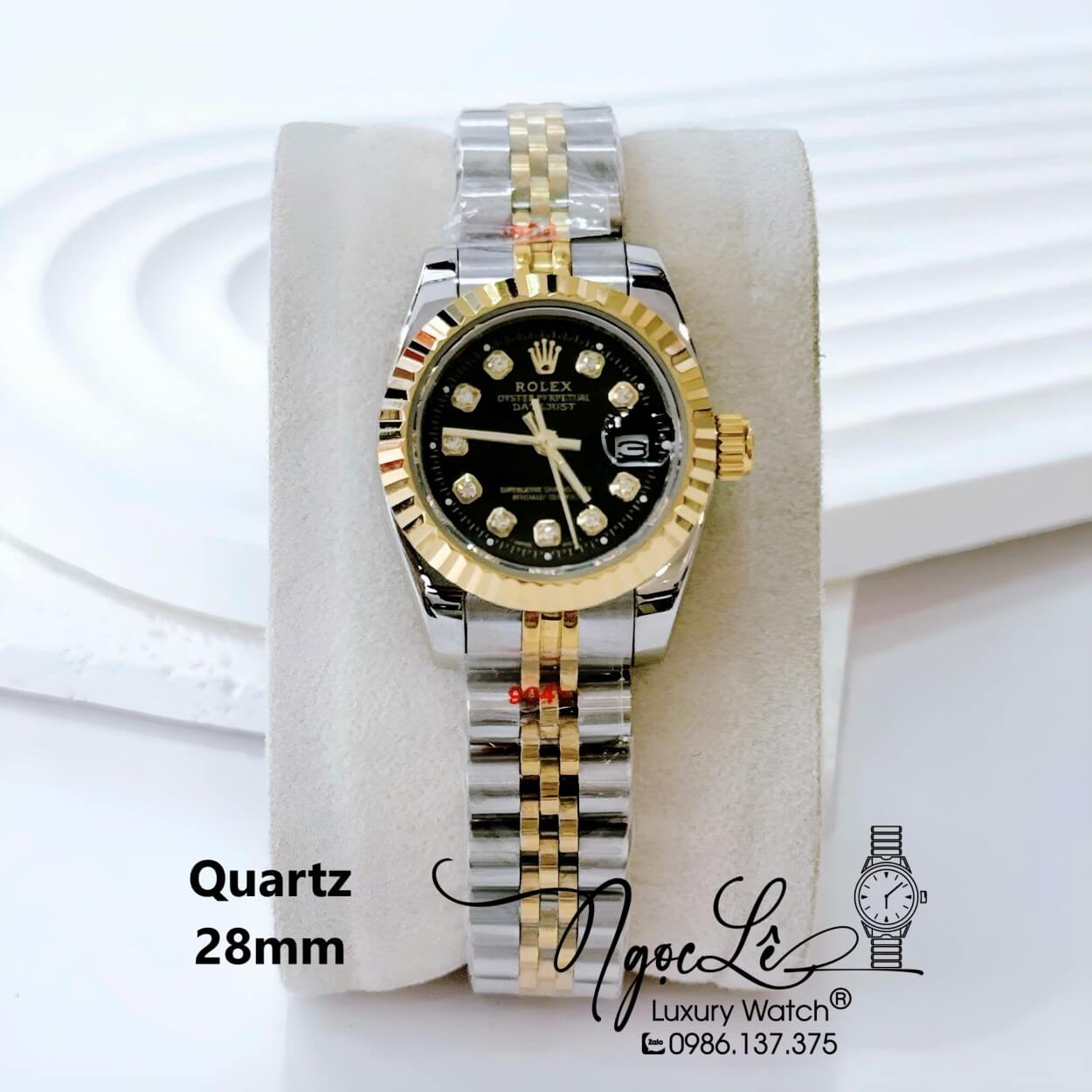 Đồng Hồ Nữ Rolex Datejust Pin Dây Kim Loại Demi Vàng Mặt Đen Size 28mm