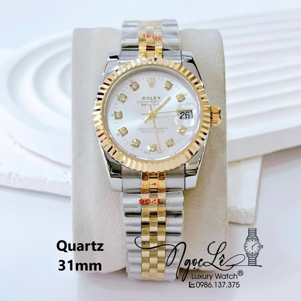 Đồng Hồ Nữ Rolex Datejust Pin Dây Kim Loại Demi Vàng Mặt Trắng Size 31mm