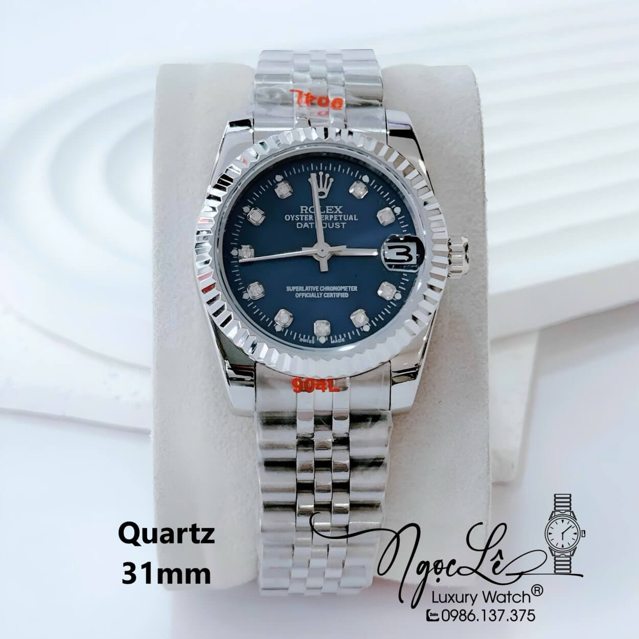 Đồng Hồ Nữ Rolex Datejust Pin Dây Kim Loại Bạc Mặt Xanh Dương Size 31mm