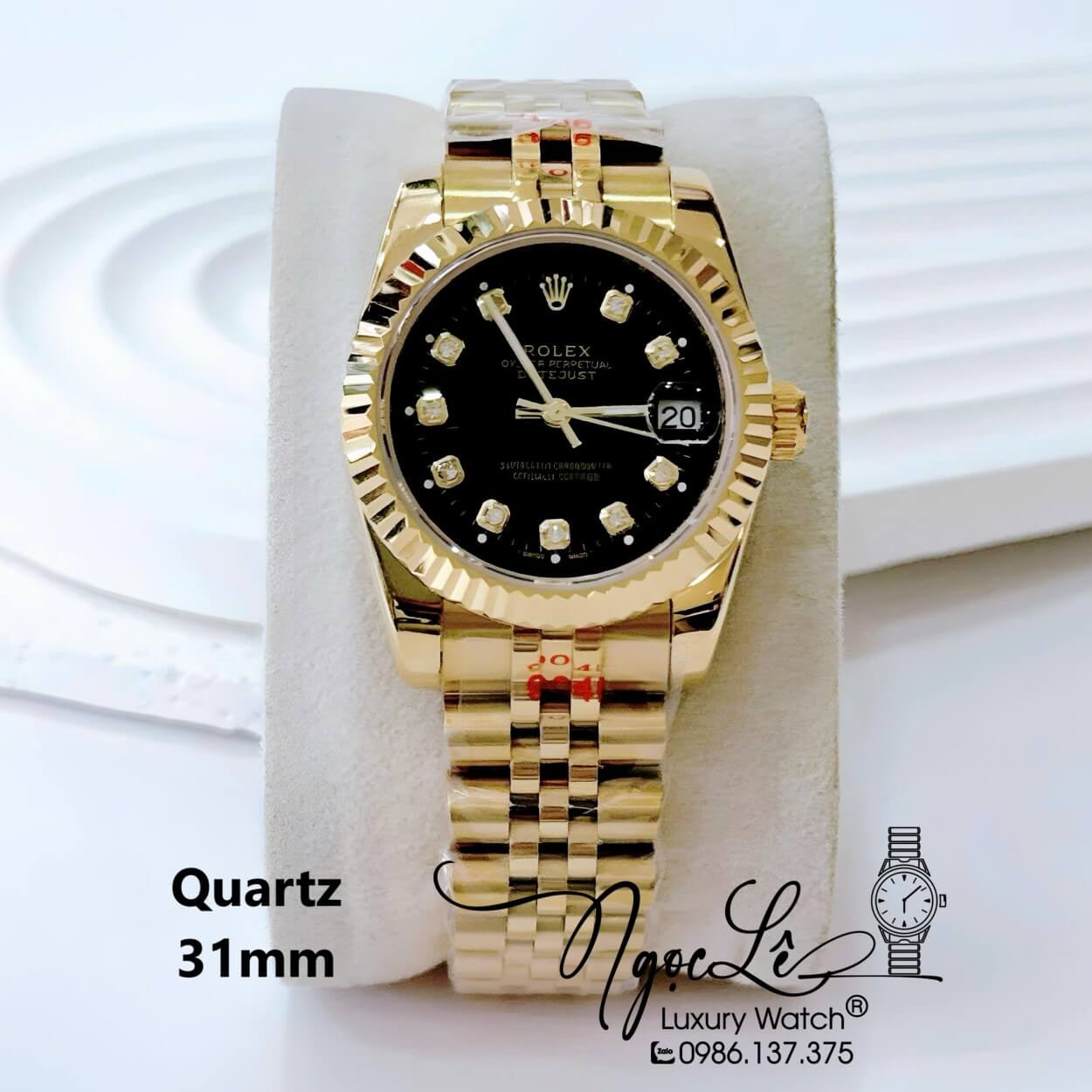 Đồng Hồ Nữ Rolex Datejust Pin Dây Kim Loại Vàng Mặt Đen Size 31mm