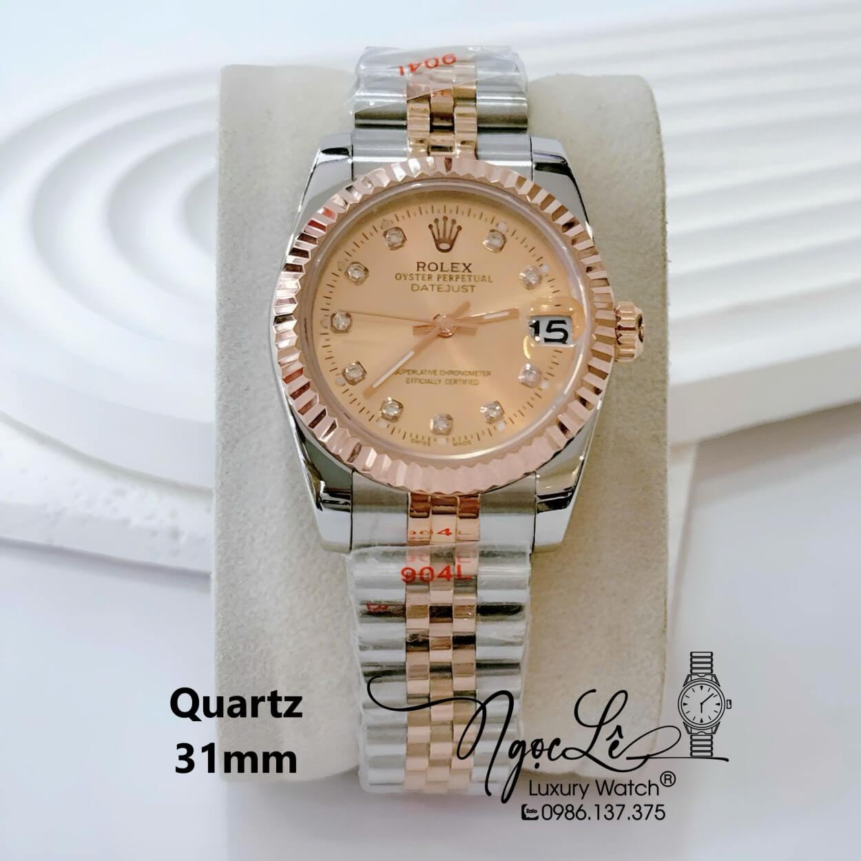 Đồng Hồ Nữ Rolex Datejust Pin Dây Kim Loại Demi Rose Mặt Rose Size 31mm