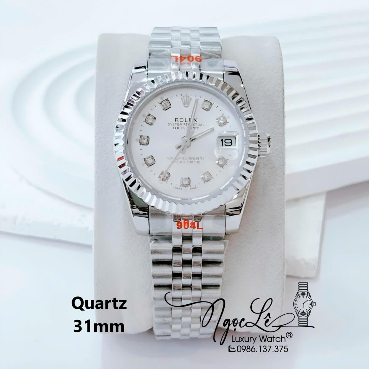 Đồng Hồ Nữ Rolex Datejust Pin Dây Kim Loại Bạc Mặt Trắng Size 31mm