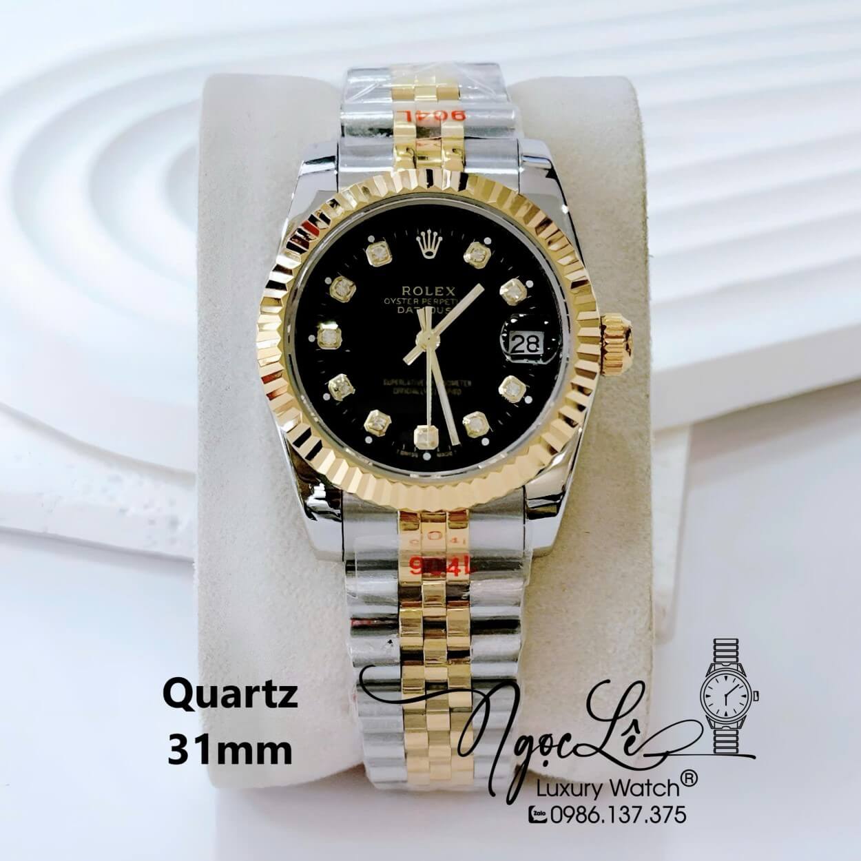 Đồng Hồ Nữ Rolex Datejust Pin Dây Kim Loại Demi Vàng Mặt Đen Size 31mm