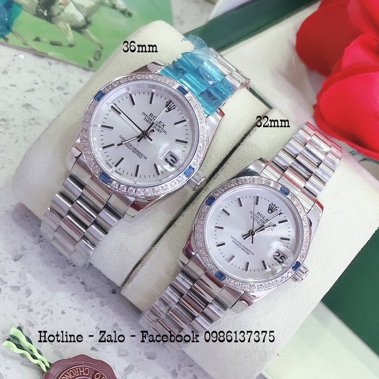 Đồng Hồ Cặp Rolex Quartz Siêu Cấp 36mm - 32mm - Bạc Mặt Trắng