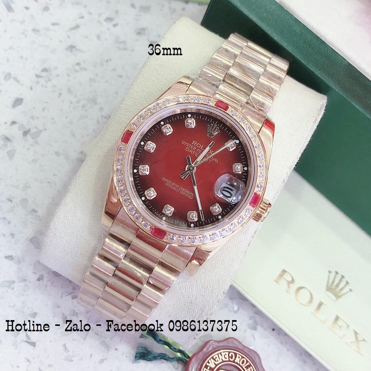 Đồng Hồ Rolex Quartz Đính Đá Siêu Cấp Vàng Mặt Đỏ 36mm - Unisex