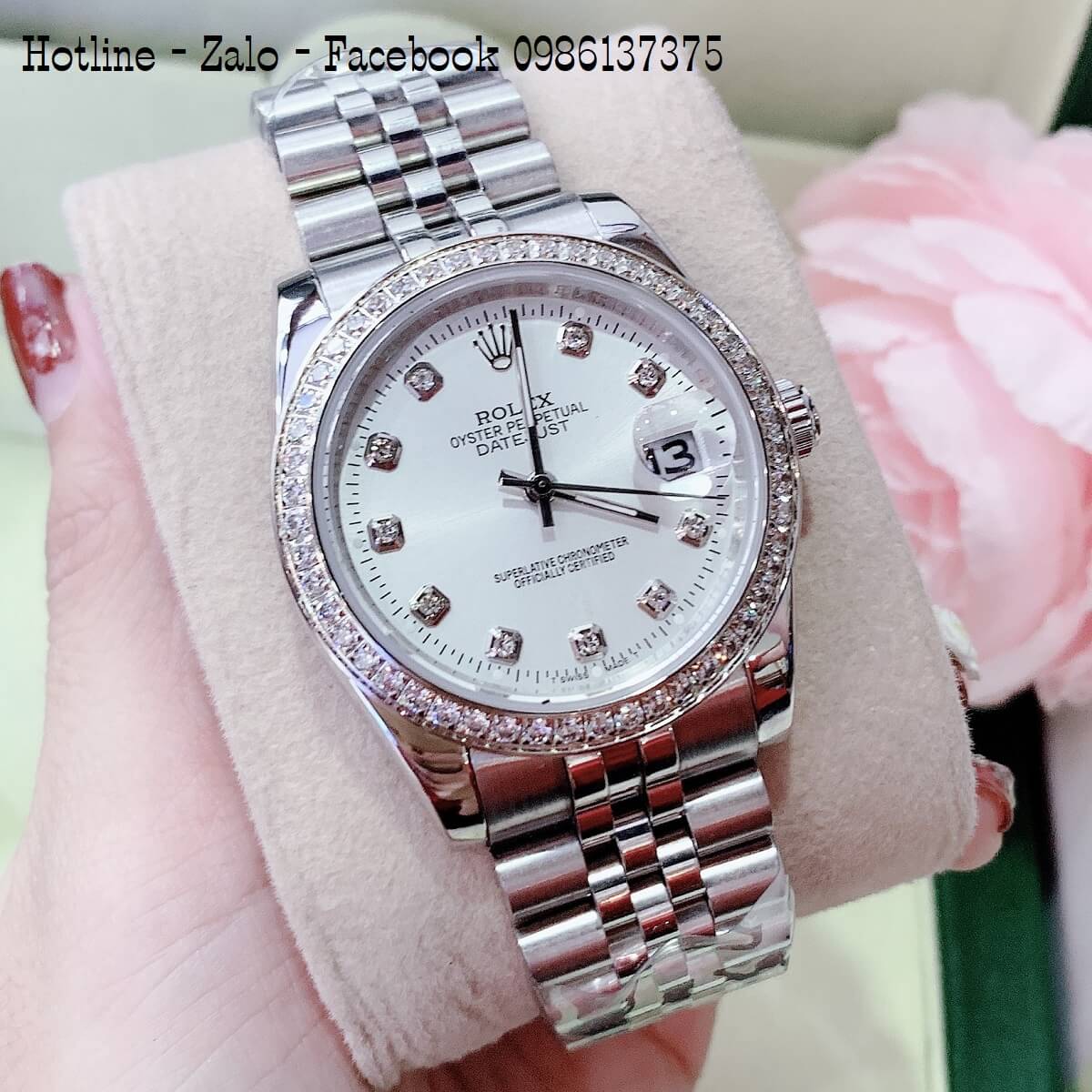 Đồng Hồ Nam Nữ Rolex Quartz Bạc Mặt Trắng Đính Đá 36mm- 32mm- 28mm